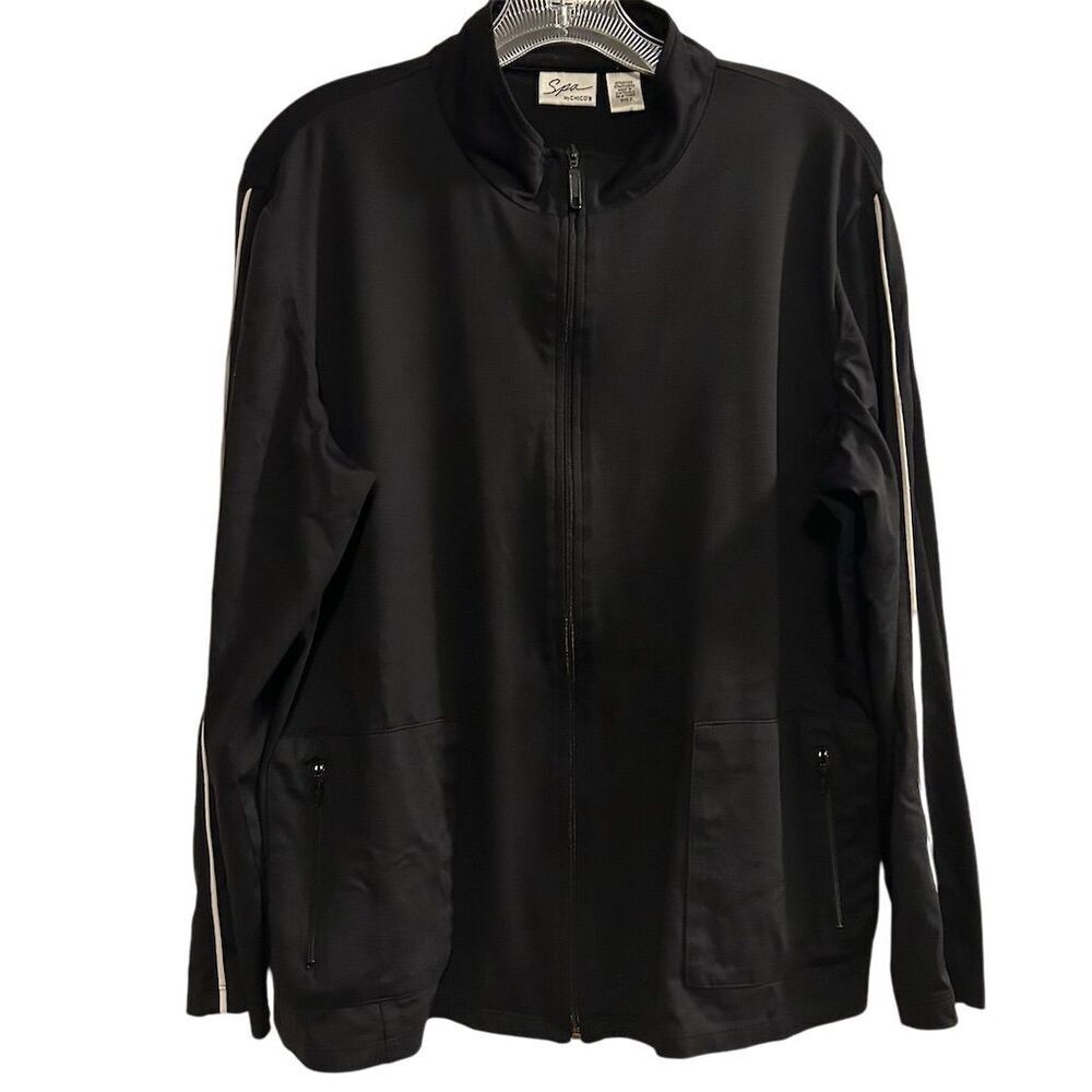 Spa‎ by Chico's Women's Black Jacket Size 2 with White Piping Casual
